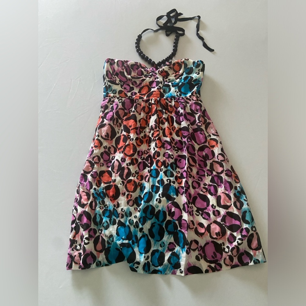 Vintage Trina Turk Mini Halter Dress Womens Rainbow Leopard Print cotton dress 2 - Picture 2 of 5